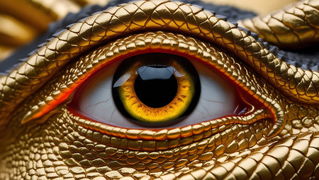 Close up of golden dragon eye. Macro photography. Selective focus.の素材
