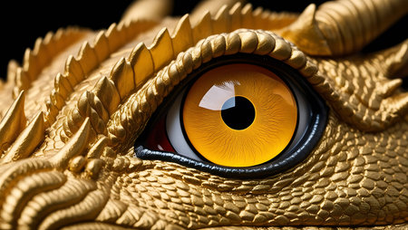 Golden dragon eye close-up. 3D illustration. Selective focus.の素材