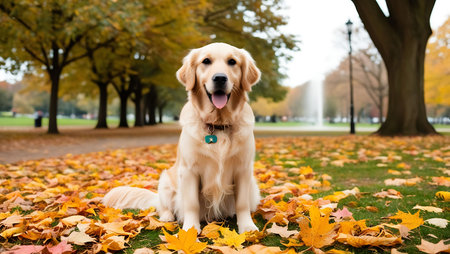 Golden Retriever sitting in autumn park with leaves and smiling.の素材