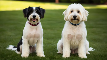 Two Border Collie dogs sitting on the grass and looking at the cameraの素材