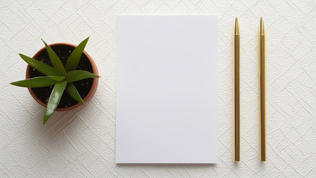 Blank white paper with pen and plant on white background. Top viewの素材