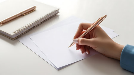 Close-up image of female hand with pen writing on blank paperの素材