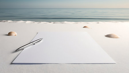 Blank paper sheet with pen on the beach. 3d renderingの素材