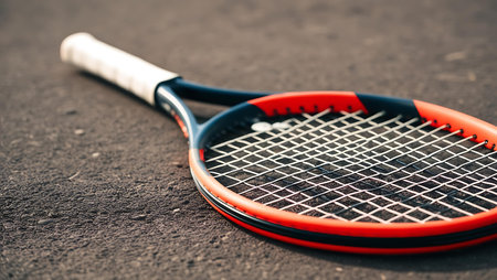 Tennis racket on a tennis court. Close up. Selective focus.の素材