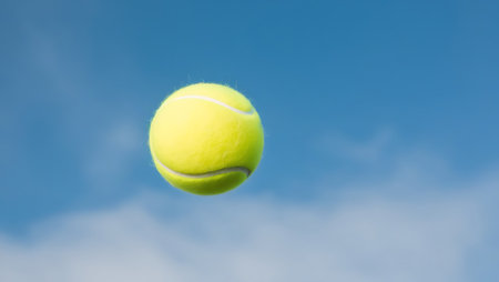 Tennis ball flying in the blue sky with copy space for textの素材