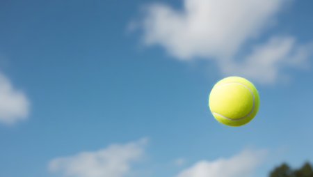 Tennis ball on blue sky background with copy space for text.の素材