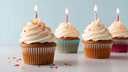 Birthday cupcakes with candles on blue background. Shallow dof.の素材