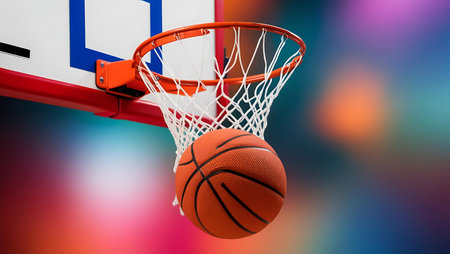 Basketball ball and basket against purple and blue background with vignetteの素材