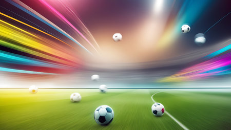 soccer ball on the field of stadium with colorful lights and flashesの素材