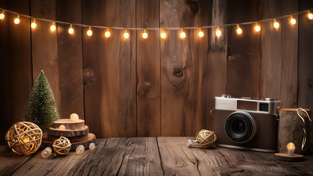 Vintage camera and christmas tree on wooden background. Christmas concept.の素材