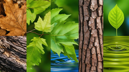Collage of green leaves on a tree trunk in the water.の素材