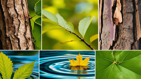 Collage of photos with green leaves and water drops on a natural backgroundの素材
