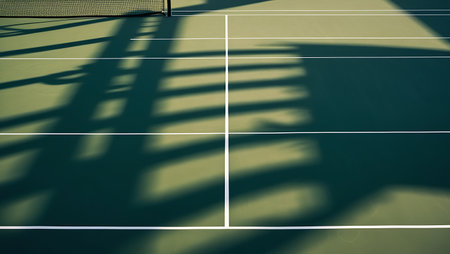 Tennis court with shadow on the floor. Top view of tennis courtの素材