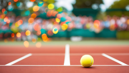 Tennis court with ball on it. Blurred background. Selective focus.の素材