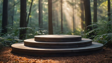 Pedestal in the forest with sunlight and fog. 3d renderingの素材