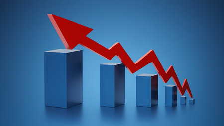 3d illustration of business graph with red arrow over blue background.の素材