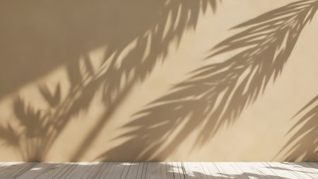 White wooden floor and shadow of palm tree on beige wall.の素材
