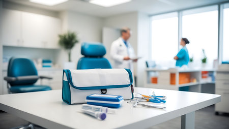 First aid kit on a table in medical office with blurred doctor in backgroundの素材