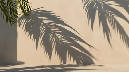 Shadow of palm leaves on white wall background. 3D rendering.の素材
