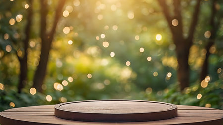 Empty wood table top and blurred nature background with bokeh light. For product displayの素材
