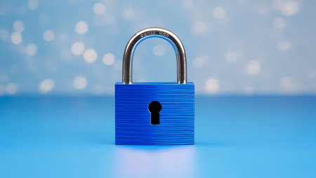 Blue padlock on blue background with bokeh. 3d illustrationの素材