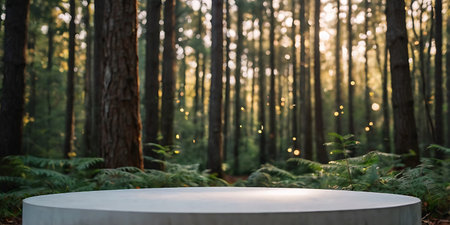 Empty white round table in the forest with bokeh background.の素材