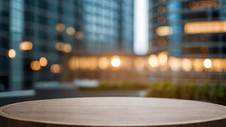 Wooden table in front of blurred background of office building at nightの素材
