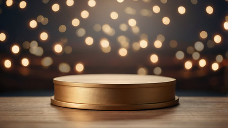 Round gold podium on wooden table with bokeh background. 3d renderingの素材