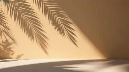 3d render, beige wall with shadows of palm leaves.の素材