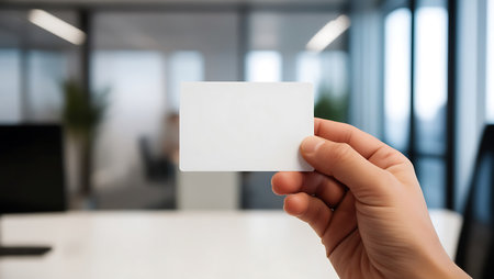 Closeup of businesswoman holding blank business card in office. Mock upの素材