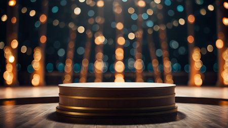 Empty round podium in front of blurred bokeh background. 3D Renderingの素材
