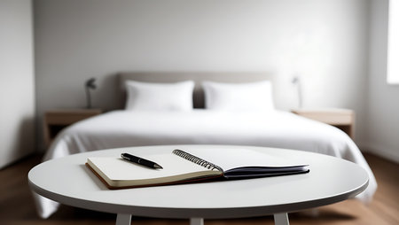 Notebook and pen on a white table in a modern bedroom.の素材