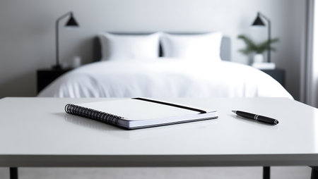 Notebook and pen on the table in the bedroom, business conceptの素材