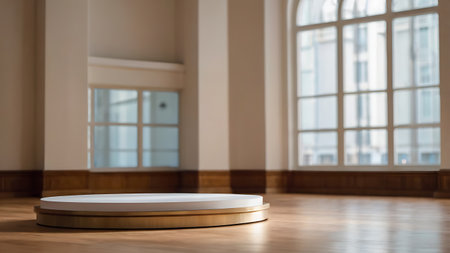 3d rendering of a round podium on a wooden floor in the roomの素材
