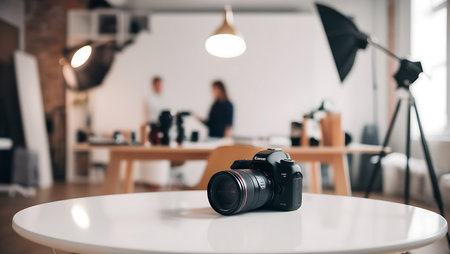 Professional camera on a white table in a photo studio. Blurred background.の素材