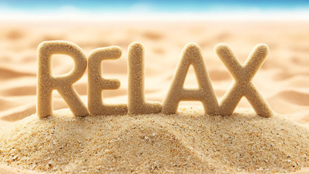 Relax word made of sand on the beach. Summer vacation conceptの素材
