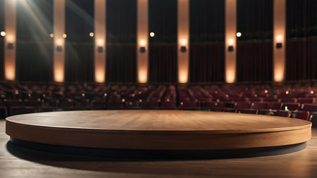 Empty round wooden stage in auditorium. 3d rendering mock upの素材