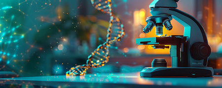 Microscope and dna molecule in scientific laboratory. 3D renderingの素材