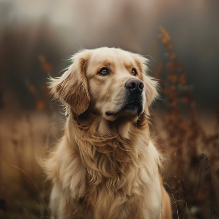 Golden Retriever dog in the autumn forest. Portrait.の素材