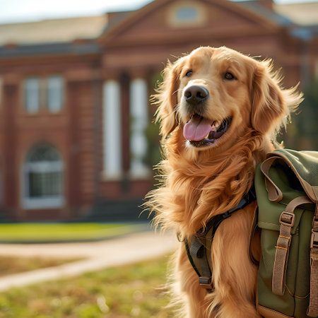 Cute golden retriever dog with backpack in front of school buildingの素材