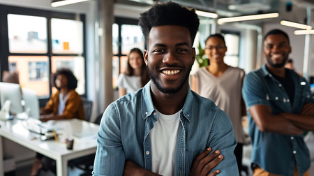 smiling african american businessman standing with crossed arms in officeの素材