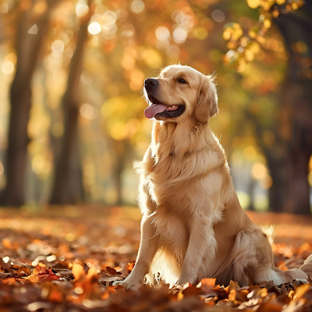 Golden retriever dog sitting in autumn park and looking at the cameraの素材
