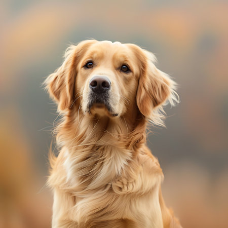 Portrait of a beautiful Golden Retriever dog outdoors in autumnの素材
