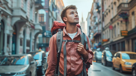 Young man with backpack walking on the street in a European city.の素材