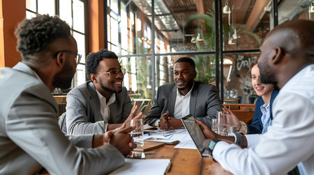 Group of diverse business people working together in modern office. Multiracial male and female colleagues sitting at table and discussing work. Teamwork conceptの素材