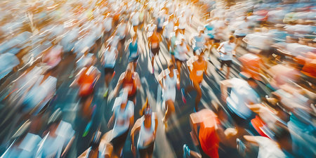 Crowd of people running in the city. Abstract motion blur effect.の素材