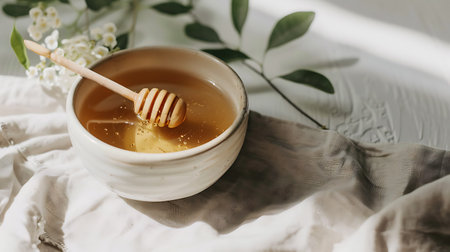 Honey in a ceramic bowl with a wooden drizzler on a white backgroundの素材