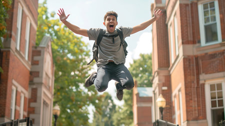 Young boy jumping in the air with his arms wide open. He is very happy.の素材