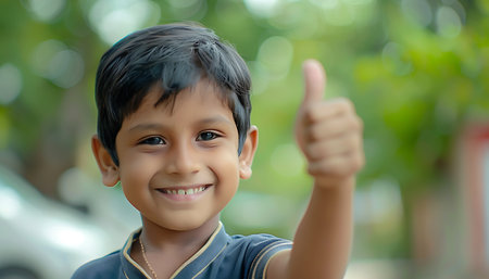 Portrait of cute asian boy with thumb up in the parkの素材