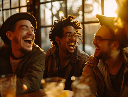 Group of happy young men laughing and having fun at a bar.の素材